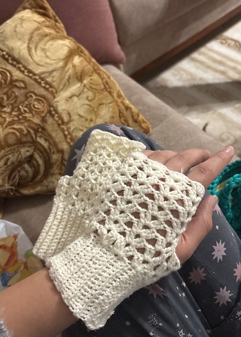 Beyaz Örgü Bohem Kadın Eldivenleri - Görsel 3