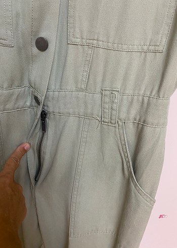 l Beden yeşil Renk Düğmeli Keten Midi Kadın Tulum