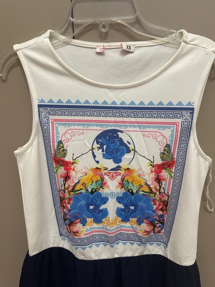 Ole XS Kuşlu Çiçekli Desen Beyaz-Lacivert Şifon Elbise - Görsel 2