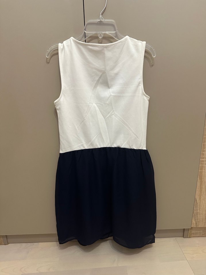 Ole XS Kuşlu Çiçekli Desen Beyaz-Lacivert Şifon Elbise - Görsel 3