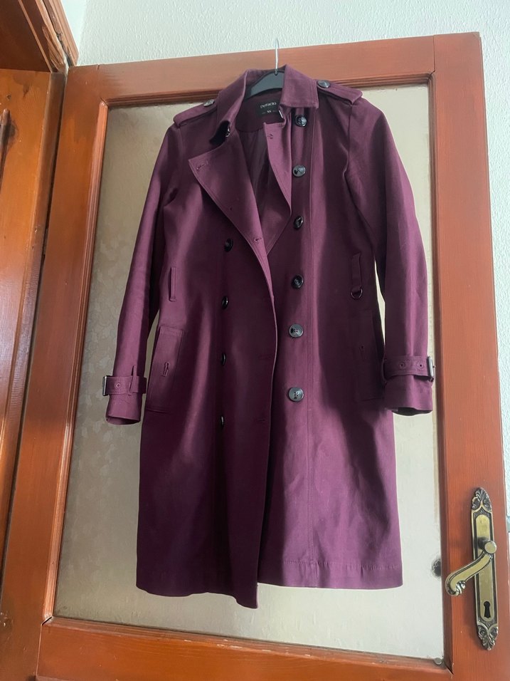 Bordo Midi Boy Düğmeli Kadın Trençkot - Görsel 2