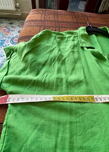 Yeşil Kısa Kollu Bol Kesim Keten Gömlek - Görsel 6