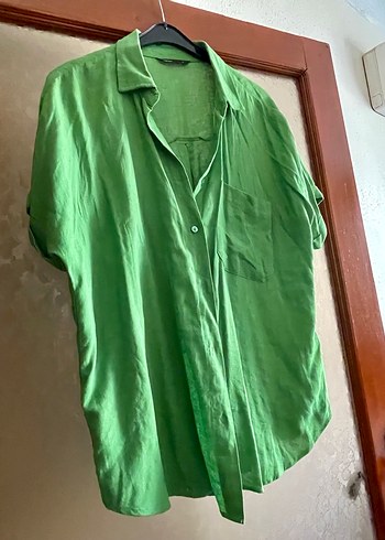 Yeşil Kısa Kollu Bol Kesim Keten Gömlek - Görsel 2