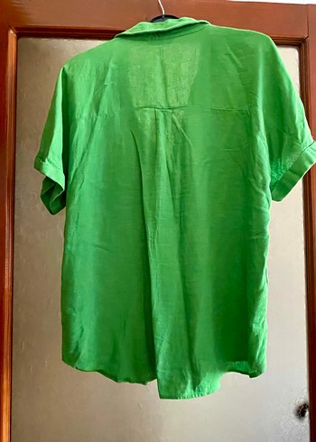 Yeşil Kısa Kollu Bol Kesim Keten Gömlek - Görsel 4