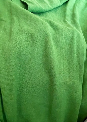 Yeşil Kısa Kollu Bol Kesim Keten Gömlek - Görsel 5