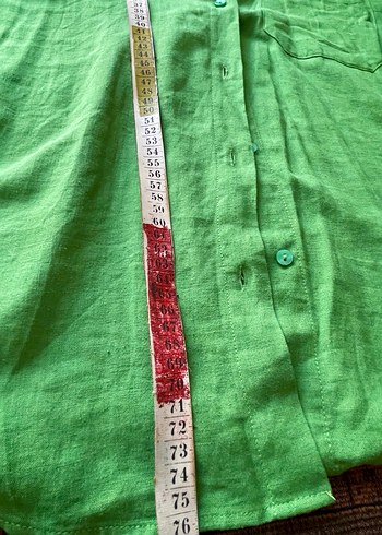 Yeşil Kısa Kollu Bol Kesim Keten Gömlek - Görsel 7