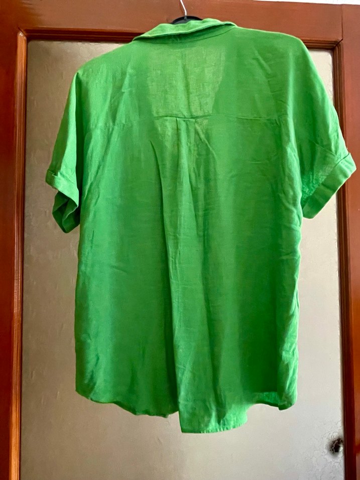 Yeşil Kısa Kollu Bol Kesim Keten Gömlek - Görsel 4