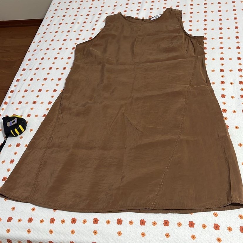 Kahverengi Kolsuz Uzun Keten Elbise - Görsel 3