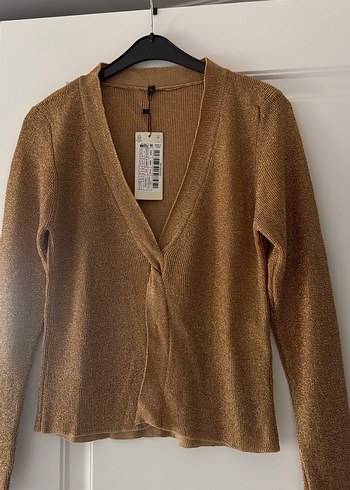 Parlak Kahverengi V-Yaka Kadın Hırka - Görsel 3