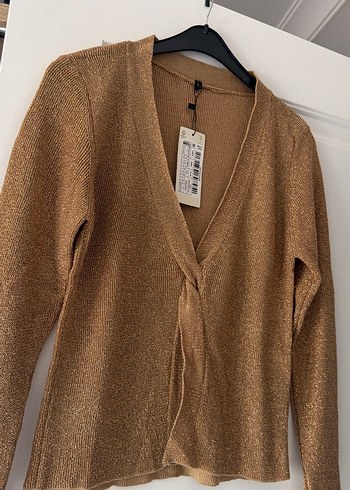 Parlak Kahverengi V-Yaka Kadın Hırka - Görsel 2