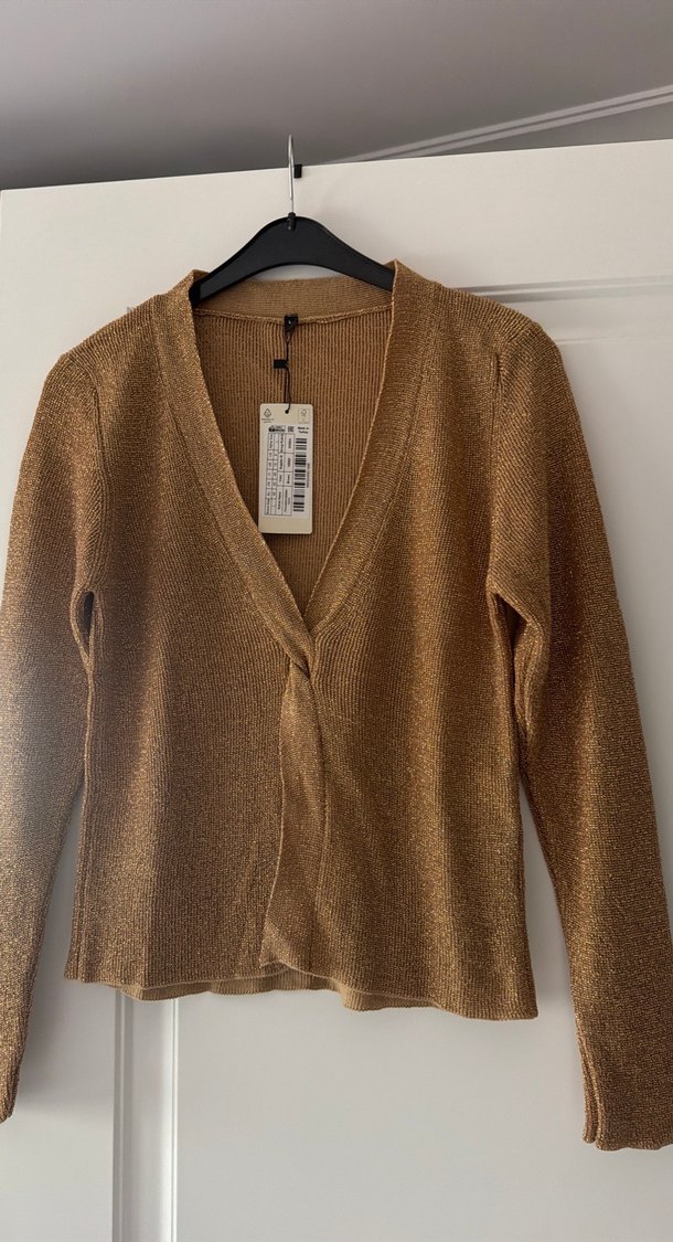 Parlak Kahverengi V-Yaka Kadın Hırka - Görsel 3