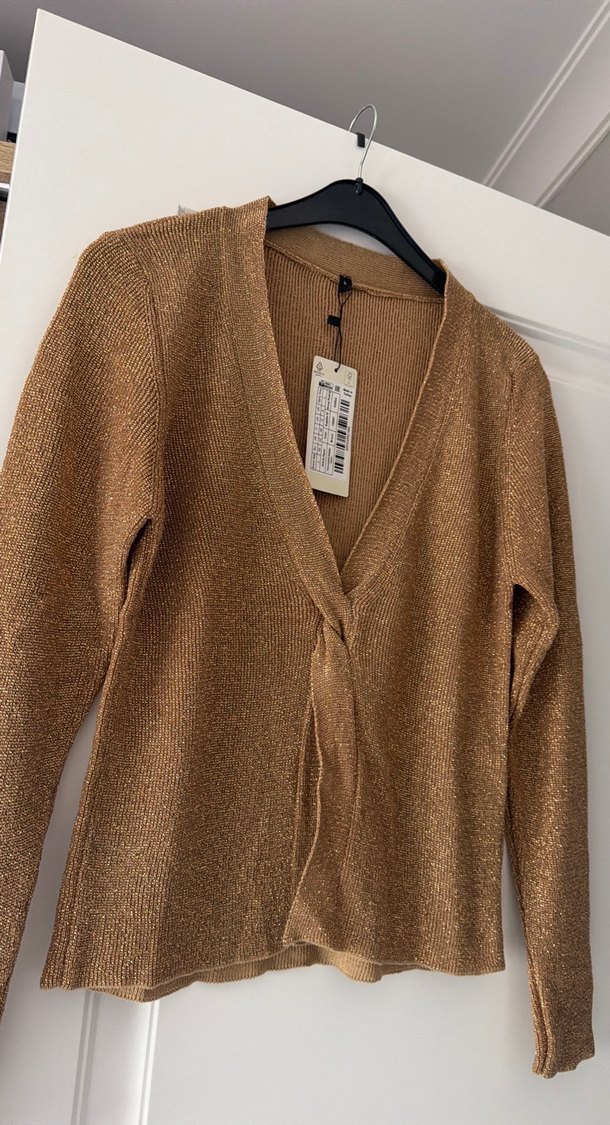 Parlak Kahverengi V-Yaka Kadın Hırka - Görsel 2