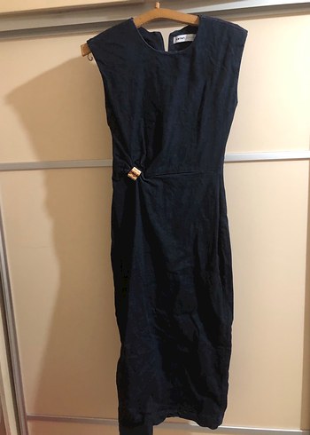 Kadın Lacivert Denim Kemerli Uzun Elbise - Görsel 4