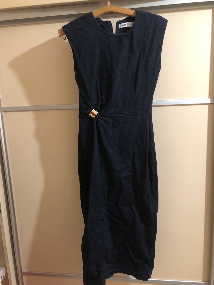 Kadın Lacivert Denim Kemerli Uzun Elbise - Görsel 4