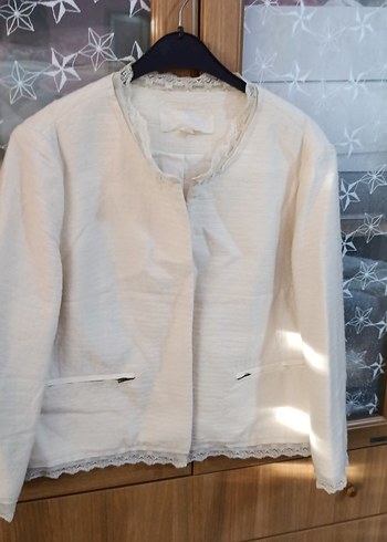 Düğmeli Keten Kadın Ceket Beyaz - Görsel 2