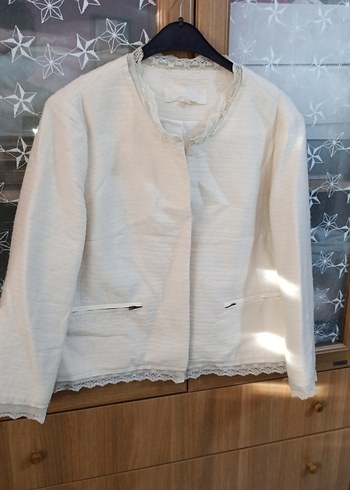 Düğmeli Keten Kadın Ceket Beyaz - Görsel 3