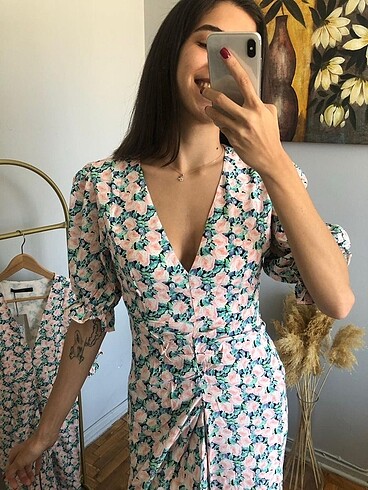 BSL FASHION BSL Çiçek Desen Yırtmaçlı Elbise