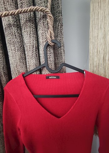 Kırmızı V Yaka Uzun Kollu Triko Elbise - Görsel 2