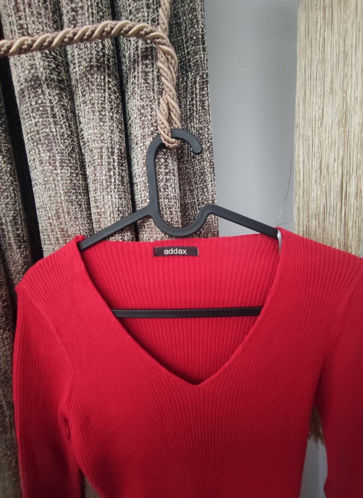 Kırmızı V Yaka Uzun Kollu Triko Elbise - Görsel 2