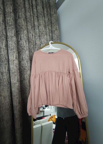 Kadın kiremit rengi ve pudra pileli  bluz - Görsel 2