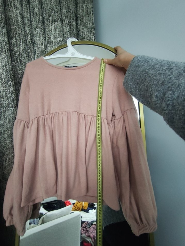 Kadın kiremit rengi ve pudra pileli  bluz - Görsel 3