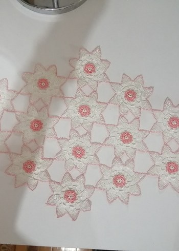 İĞNE OYALI dantel tepsi örtüsü Pembe Beyaz Çiçekli Bohem