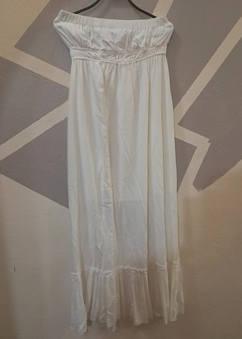 Beyaz Keten Straplez Uzun Elbise - Görsel 3