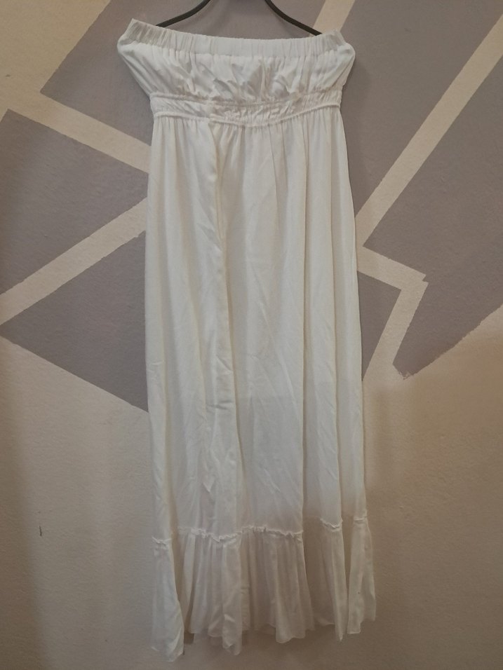 Beyaz Keten Straplez Uzun Elbise - Görsel 3