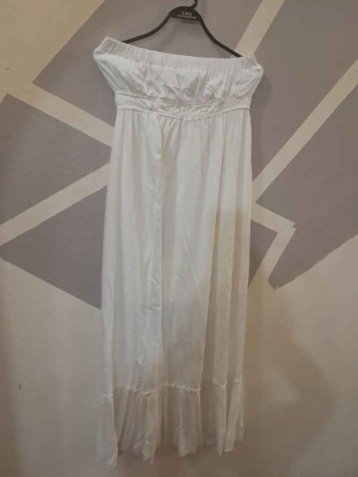 Beyaz Keten Straplez Uzun Elbise - Görsel 4