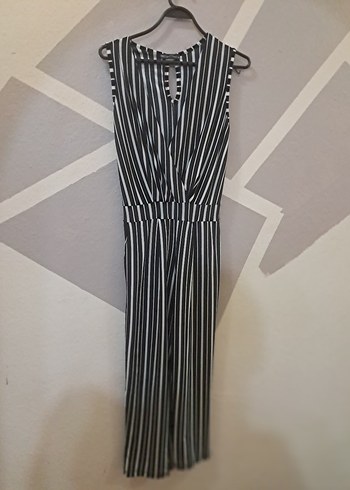 Kadın Siyah Çizgili Pilili Uzun Tulum - Görsel 4