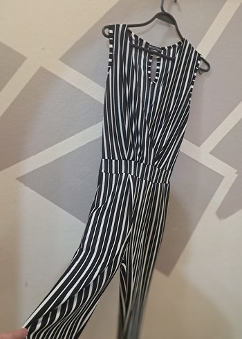 Kadın Siyah Çizgili Pilili Uzun Tulum - Görsel 2