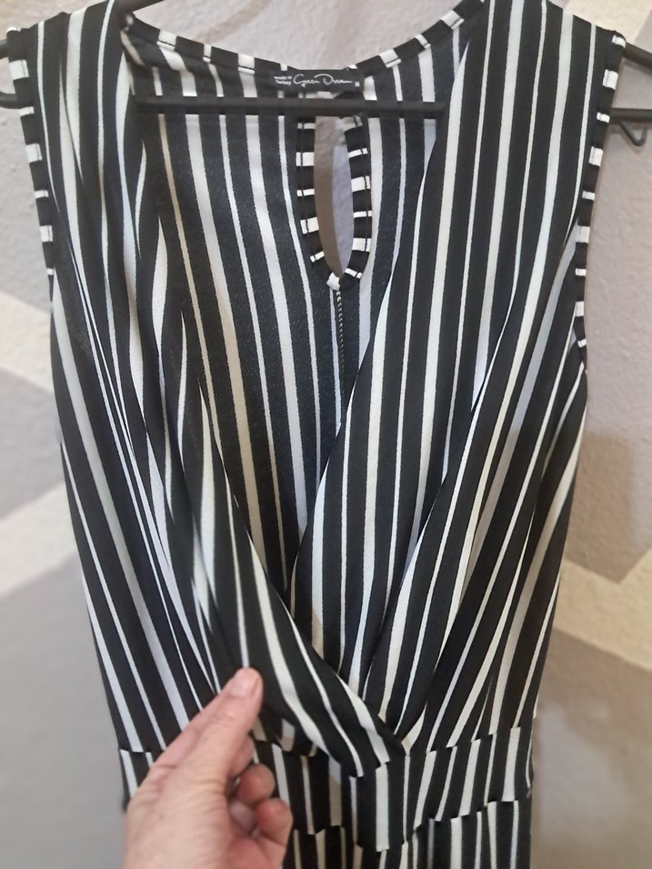 Kadın Siyah Çizgili Pilili Uzun Tulum - Görsel 3