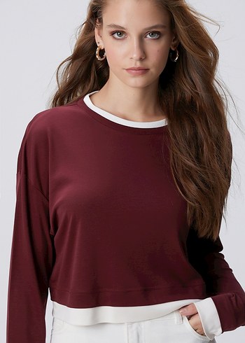 m Beden Network Bordo Beyaz Garnili Uzun Kollu Crop Top