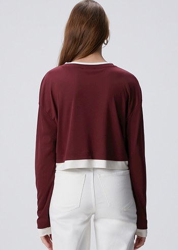 m Beden bordo Renk Network Bordo Beyaz Garnili Uzun Kollu Crop Top