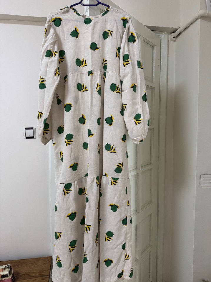 Bohem Uzun Kollu Beyaz Keten Elbise - Görsel 2