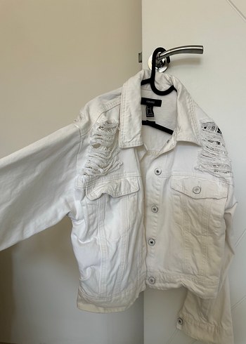 l Beden Beyaz Düğmeli Kadın Denim Ceket