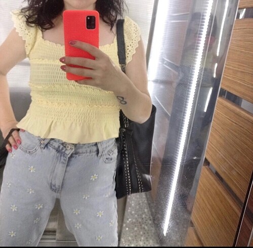 m Beden mavi Renk Papatyalı jean