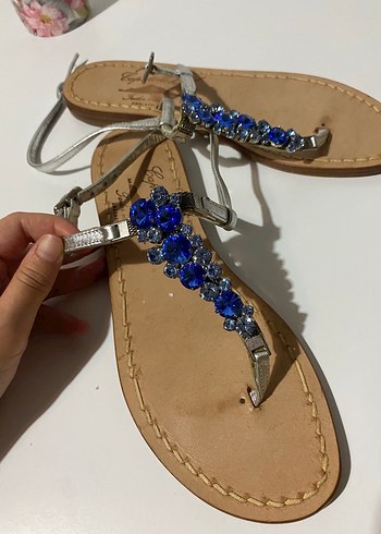 Mavi Taşlı Süet Bohem Kadın Sandalet Parmak Arası Terlik