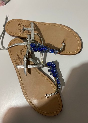 38 Beden Mavi Taşlı Süet Bohem Kadın Sandalet Parmak Arası Terlik