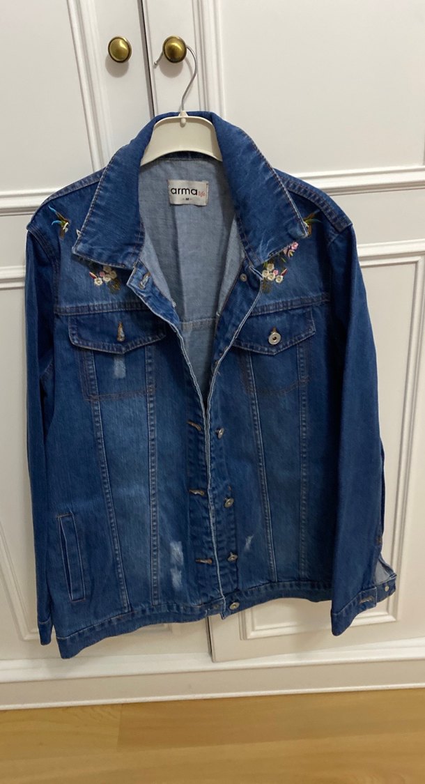 Mavi İşlemeli Uzun Kollu Kadın Kot Ceket - Görsel 2