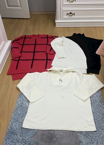 Kırmızı Kareli Uzun Kollu Triko Kadın Kazak - Görsel 5