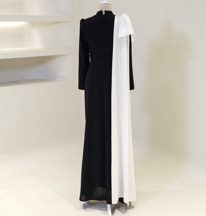 Siyah Uzun Drapeli Kadın Abiye Elbise - Görsel 2