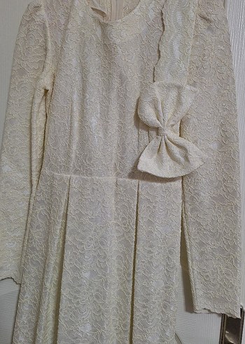 Uzun Kollu Beyaz Vintage Kadın Elbise - Görsel 3