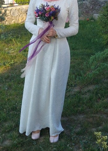 Uzun Kollu Beyaz Vintage Kadın Elbise - Görsel 5