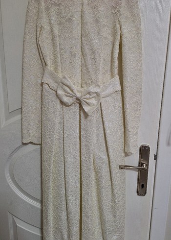 Uzun Kollu Beyaz Vintage Kadın Elbise - Görsel 2