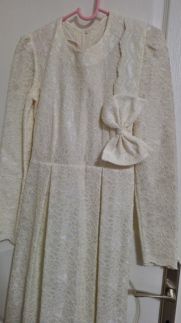 Uzun Kollu Beyaz Vintage Kadın Elbise - Görsel 3