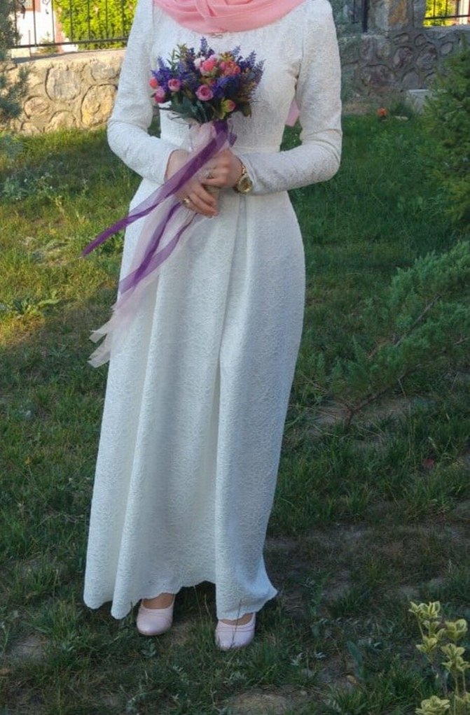 Uzun Kollu Beyaz Vintage Kadın Elbise - Görsel 5