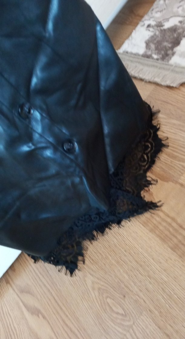 Kadın Siyah Deri Gotik Kısa Kollu  deri danteli elbise boy - Görsel 3