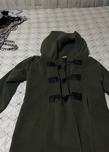 Düğmeli Kapüşonlu hakü yeşil  Kadın Kaban - Görsel 2