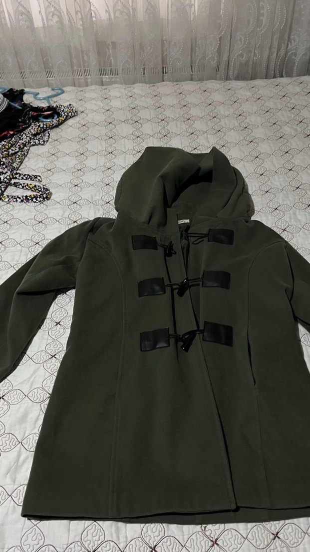 Düğmeli Kapüşonlu hakü yeşil  Kadın Kaban - Görsel 2